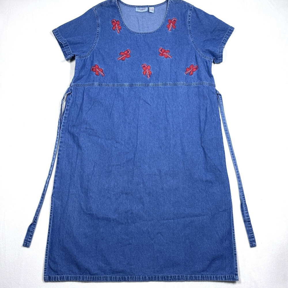 Vintage Jane Ashley Dress Women 3X Denim Jumper Embroidered Candy Cane Christmas